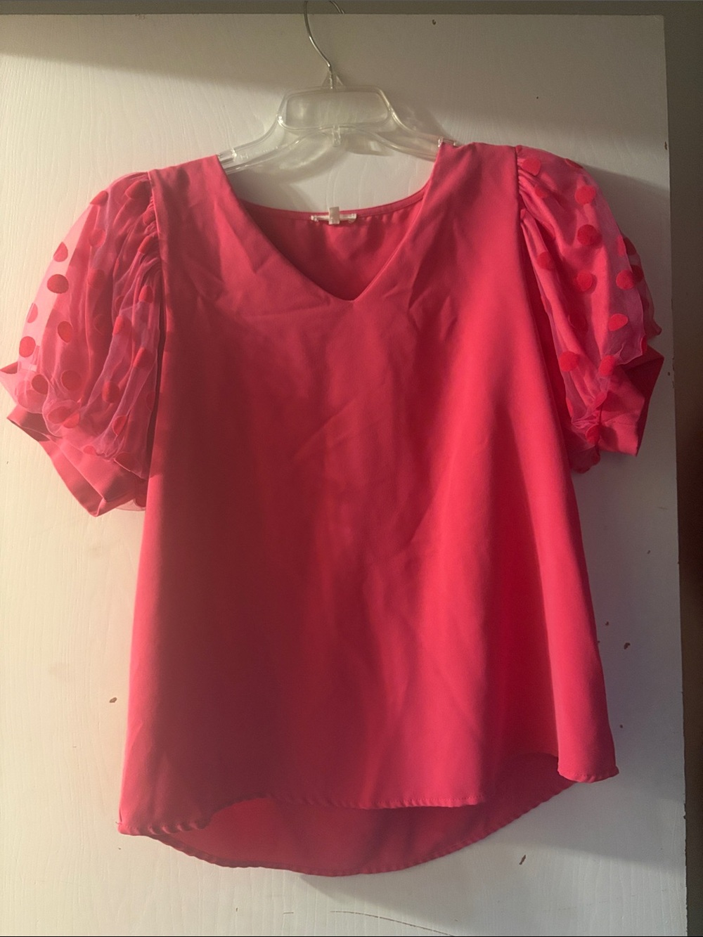 JODIFL Hot Pink Puff Sleeve V-Neck Blouse